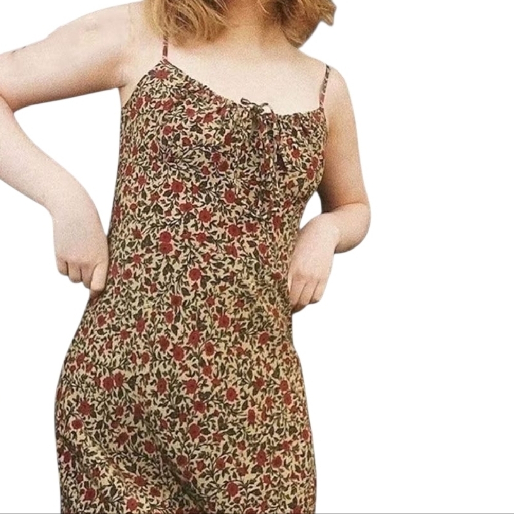 Shein |  Women's Tan Floral Print Mini Dress with Spaghetti Straps (Size Medium)